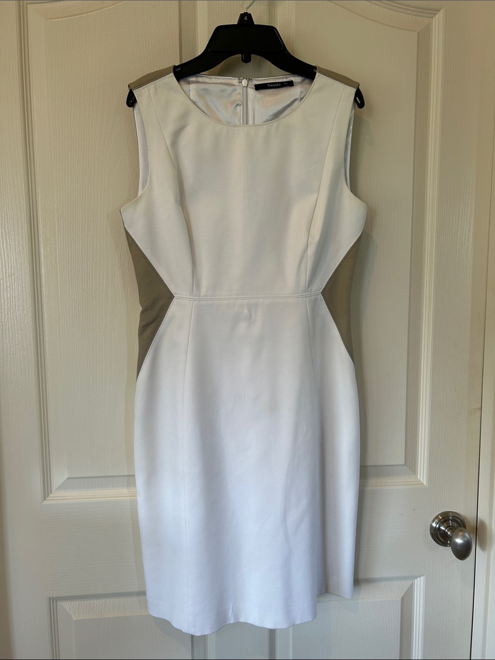 Tahari ASL White Sheath Dress with Taupe Side Panels